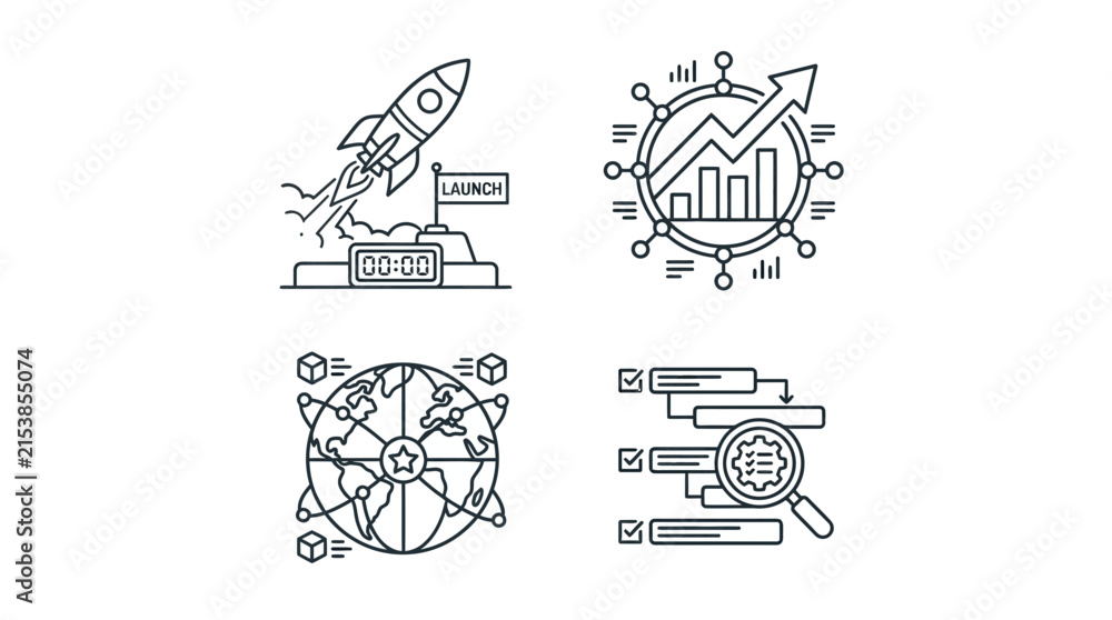 Fototapeta premium Set of Linear Business Development and Project Management Process Icons Featuring Growth Strategy and Global Expansion Concepts