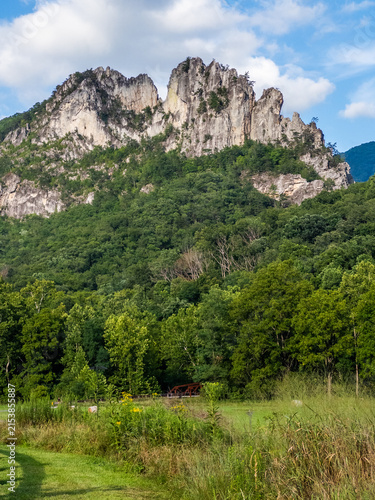 Seneca Rocks rising above lush forest in West Virginia
