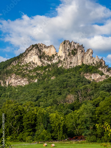 Seneca Rocks rising above lush forest in West Virginia