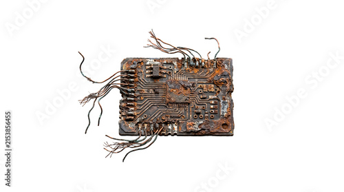 Rusty and corroded electronic circuit board on a transparent background for technology decay illustration