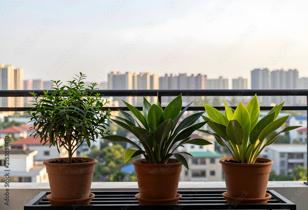 Fototapeta premium Three potted green plants on a balcony with a city skyline in the background, Urban gardening and home decor