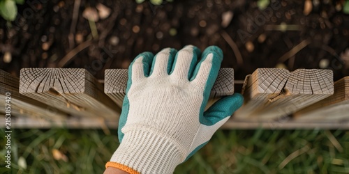 Gardener wearing protective gloves touching wooden fence in garden bed close up, conceptual stock photo for horticulture and landscaping projects