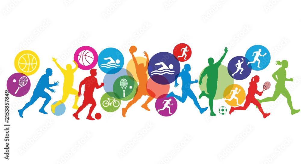 Fototapeta premium Colorful Dynamic Silhouette Collection Featuring Various Sports and Athletic Activity Icons for Fitness and Healthy Lifestyle Design Concepts