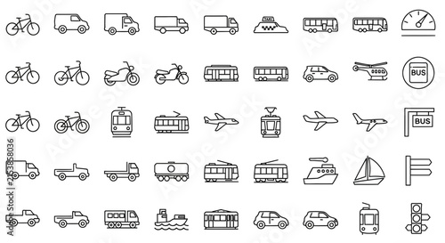 Comprehensive collection of minimalist outline transportation and vehicle icons including cars, planes, trains, and bikes for web and app design