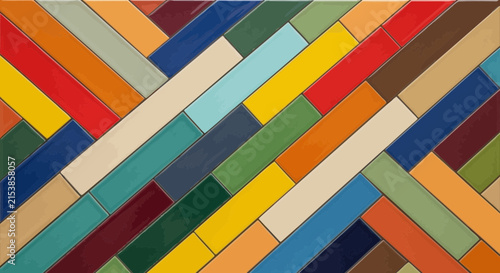 Vibrant multicolored ceramic tiles arranged in a diagonal herringbone pattern for interior design and decor