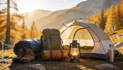 Autumn Camping Essentials Beside Mountain Tent with Sleeping Bag Backpack Lantern Hiking Boots Portable Stove and Water Bottle, Colorful Forest and Misty Mountains, Realistic Outdoor Photography