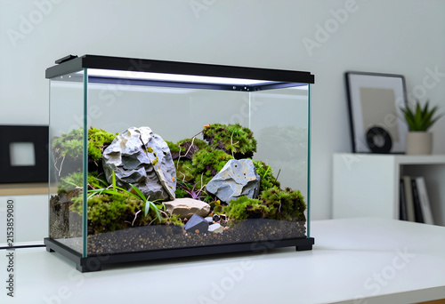 Modern glass terrarium with lush green moss and natural rocks on a white desk in a bright room, the transparent container sits on a clean white desk, adding a touch of nature to the bright room
