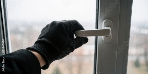 Gloved hand opening a window symbolizing burglary or home security risk in an apartment