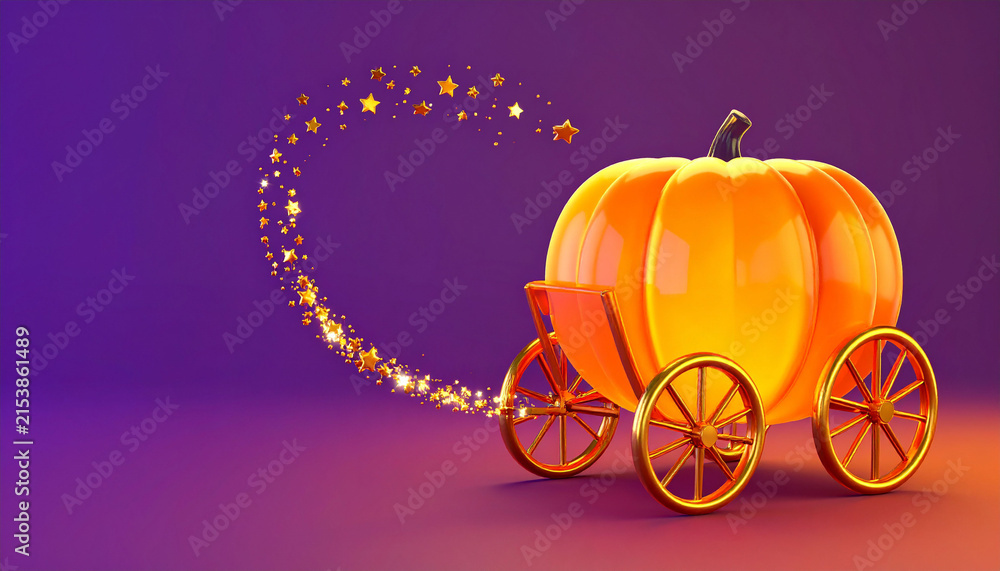 Fototapeta premium 魔法の黄金のパンプキン馬車と輝く星の光 紫色の背景に浮かぶ幻想的なハロウィンのファンタジーイラスト コピースペース付きのイベント告知やWEBデザイン用素材