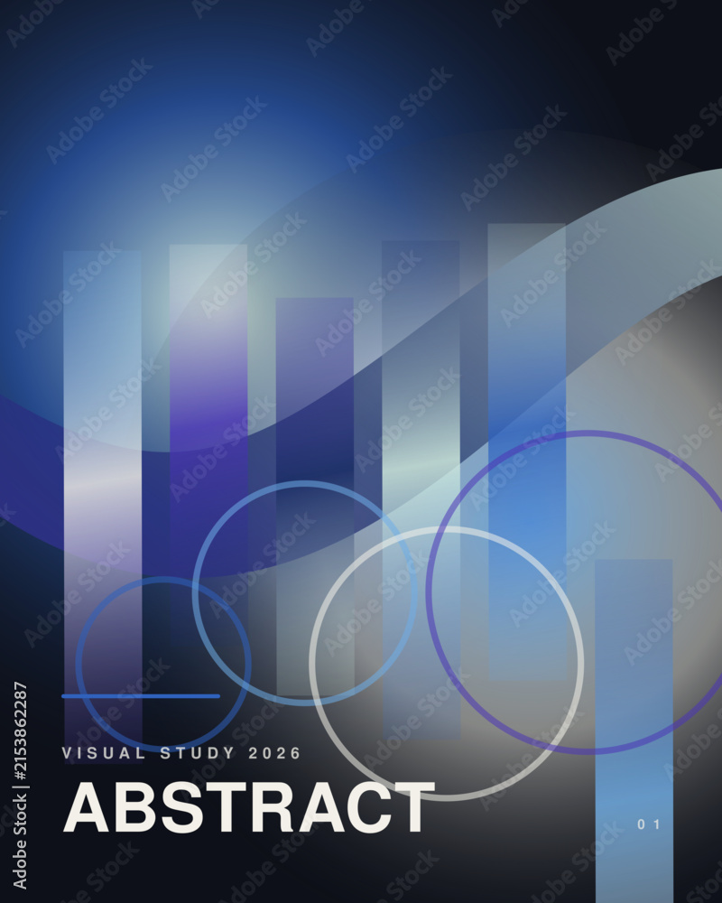 Naklejka premium Abstract composition with vertical translucent bars, overlapping circular outlines, and a deep blue gradient background, text visual study 2026