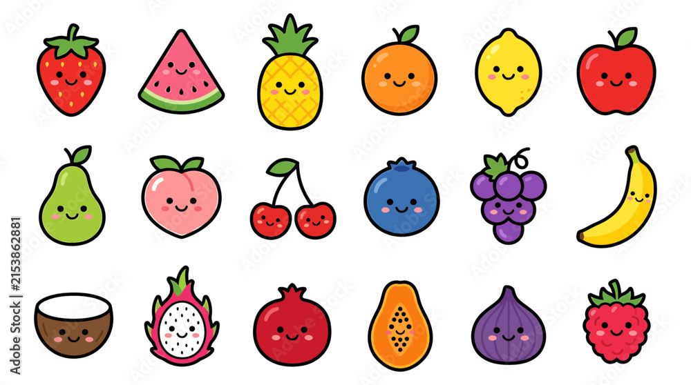 Fototapeta premium Set of cute cartoon fruits with happy faces isolated on white background for kids design projects