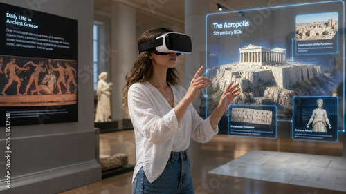 Virtual reality museum experience, woman wearing VR headset exploring ancient Greece, interactive digital history exhibit with holographic Acropolis