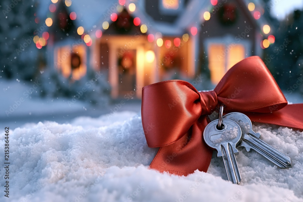Obraz premium Festive Holiday Home Gift: House Keys Tied with Red Bow Resting in Snow with Cozy Lights