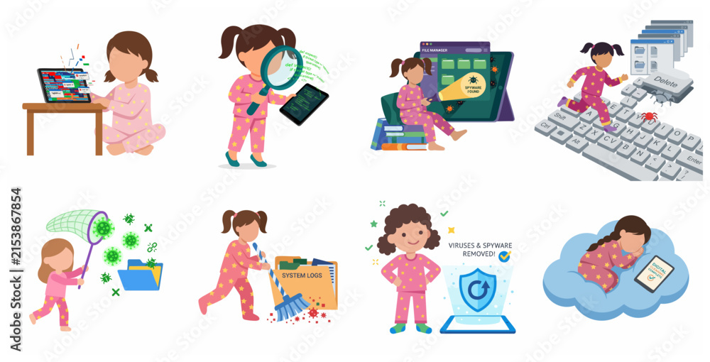 Fototapeta premium Cute girl character cleaning viruses and spyware from digital devices, cybersecurity and computer safety concept set for kids