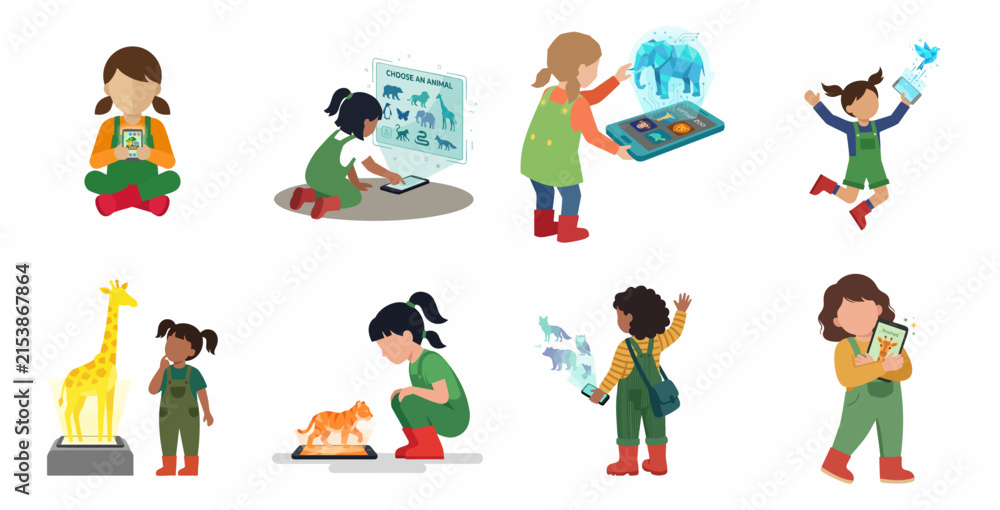 Fototapeta premium Children Using Augmented Reality Technology to Interact with Animal Holograms and Virtual Zoo on Tablets and Smartphones Vector Illustration