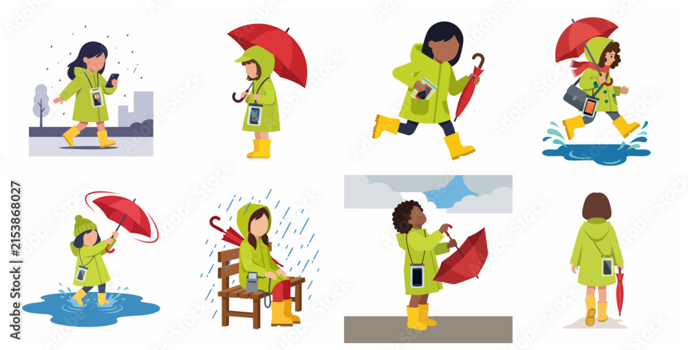 Fototapeta premium Set of children in green raincoats and yellow boots using waterproof phone pouches with umbrellas in the rain