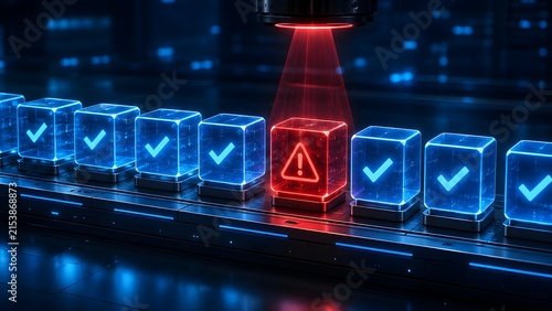 Automated futuristic assembly line scanning transparent cubes with red laser identifying a defective warning cube among approved blue checkmark cubes.