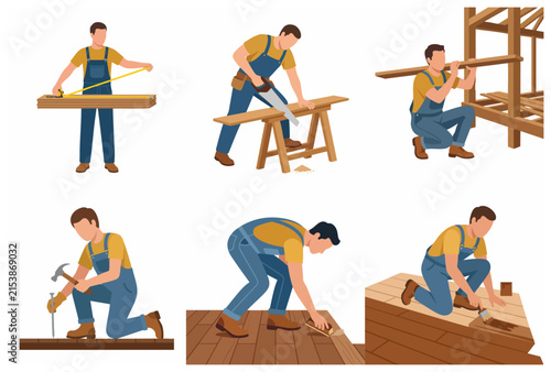 Professional Carpenter and Construction Worker Set in Different Working Poses Flat Vector Illustration