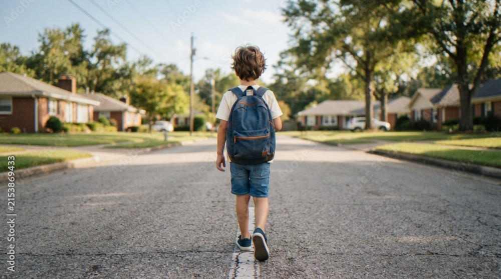 Fototapeta premium A young schoolboy walking alone down the middle of a suburban residential street, carrying a backpack and heading toward school on a sunny day.