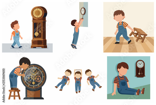 Set of flat vector illustrations featuring a curious young boy exploring different clocks and mechanical gears