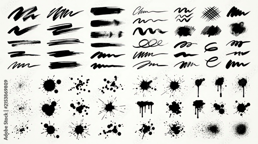 Fototapeta premium Ink Splatter and Brush Stroke Collection: A comprehensive assortment of black ink splatters, drips, and energetic brush strokes, offering diverse textures for creative design projects.