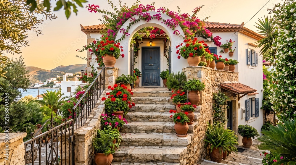 Fototapeta premium A charming stone staircase adorned with vibrant red geraniums leading to a Mediterranean archway
