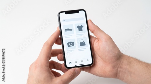 Close-up shot of a person holding a smartphone displaying an online shopping application. The screen shows various product images and a search bar