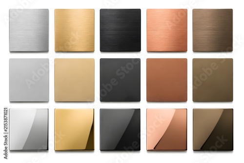 Architectural Metal Finish Samples with Brushed Matte Polished Swatches for Material Selection and Design Presentations