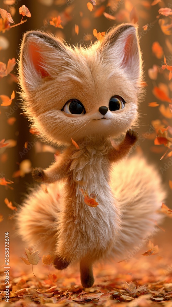 Naklejka premium A fox character with expressive eyes dances joyfully in a swirl of colorful leaves during autumn in a forest.