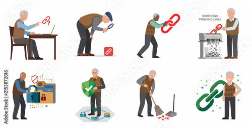 Set of illustrations depicting a senior man learning cyber security, identifying phishing links, and protecting personal data online.