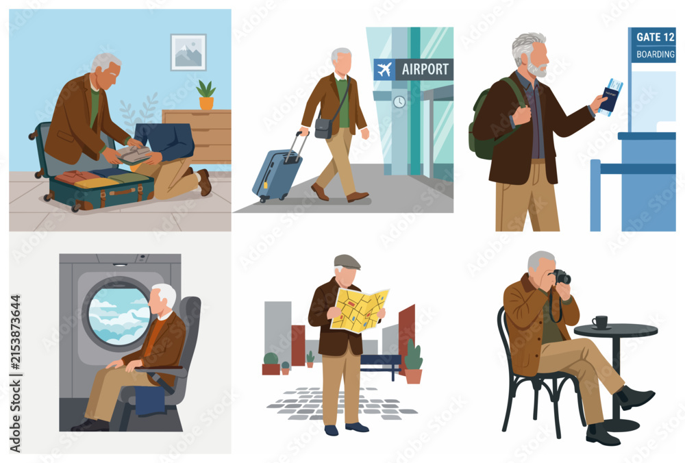 Fototapeta premium Active senior man character traveling set, flat vector illustration of elderly tourist packing suitcase, boarding plane, and exploring city on vacation.
