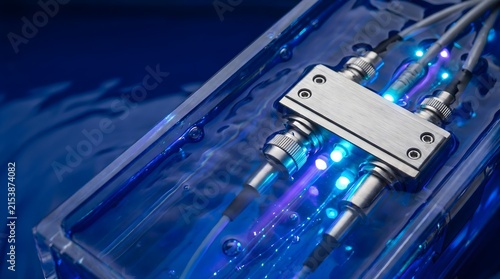 Optical transceiver module submerged in dielectric cooling fluid bath with glowing LEDs