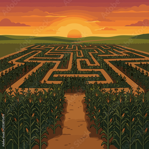 Sunset view over a corn maze with winding paths and clear sky in the background