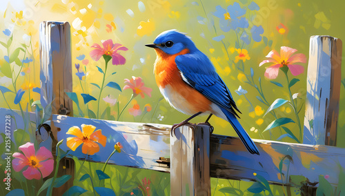 Realistic Impressionist Bluebird Perched on Wooden Fence in Blooming Garden
