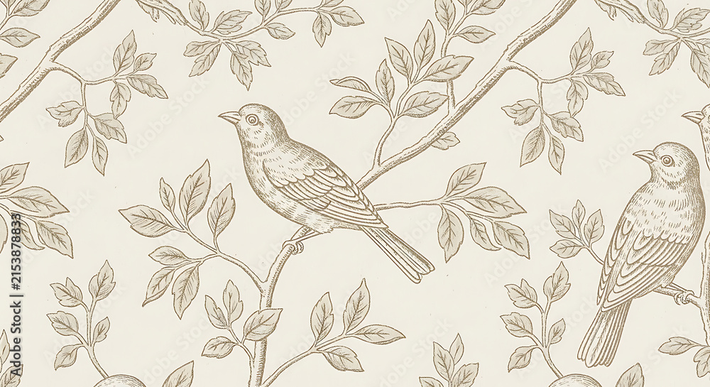 Fototapeta premium Vintage bird and botanical leaf branch pattern in an elegant handdrawn sketch style for classic interior wallpaper design