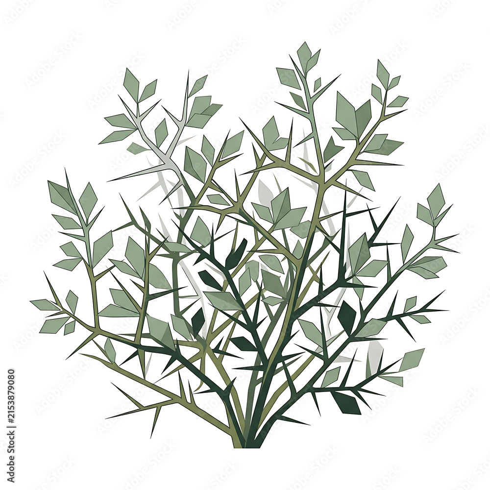 Fototapeta premium Minimalist Vector Illustration of a Wild Green Plant Bush with Sharp Thorns Isolated on White Background for Botanical Design Projects