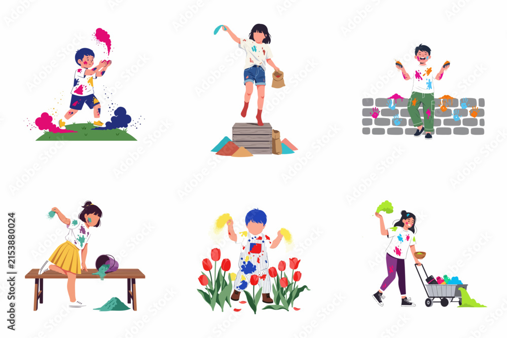 Fototapeta premium Vector Illustrations of Diverse Children Celebrating Holi Festival with Colorful Powder and Paint, Happy Kids Playing with Gulal, Spring Festival of Colors Celebration Elements Isolated