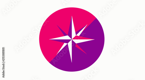 Pink star compass icon on purple circle background.