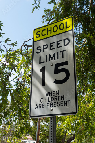 School Speed Limit 15 Sign Surrounded by Trees - School zone speed limit sign displaying a 15 mph limit when children are present, photographed outdoors against green trees and a clear blue sky. Conce