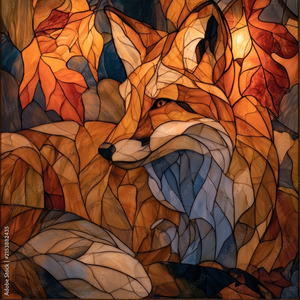 Naklejka premium Rich stained glass artwork features a fox surrounded by colorful leaves, capturing the beauty of nature in a striking display of craftsmanship.