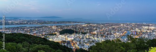 Bild auf Leinwand Panoramic night view of Tokushima city center from the summit of Mount Bizan