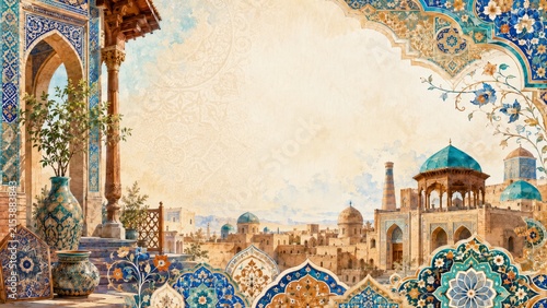 Uzbekistan Silk Road Architecture with Blue Mosaic Ornament Watercolor Travel Illustration with copy space