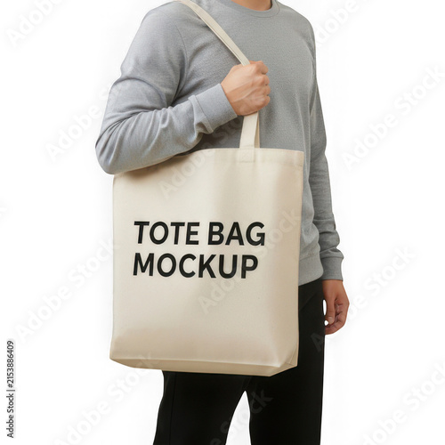 Person carrying tote bag mockup with text space