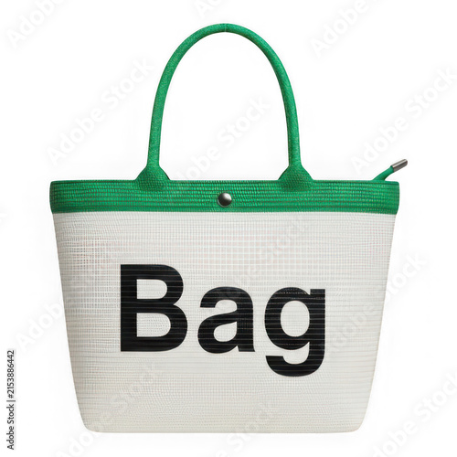 Green shopping bag with black text label