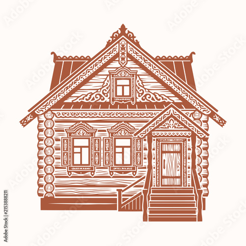 Traditional Russian Wooden House Facade with Ornate Carvings and Gable