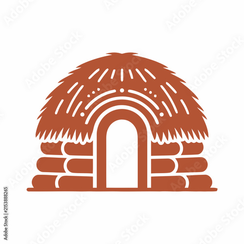 Rustic Hut Illustration - Traditional Dwelling Icon with Thatched Roof and Brick Walls