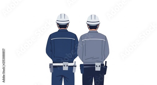 Professional technician duo with equipment belts from behind
