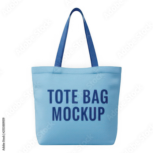 Light blue tote bag mockup with black text