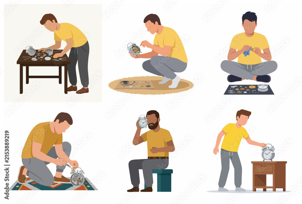 Fototapeta premium Set of Flat Vector Illustrations Showing Men Repairing, Cleaning, and Interacting with Mechanical Alarm Clocks