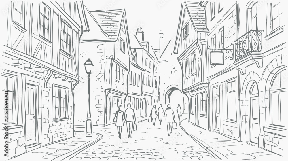 Naklejka premium Sketch of a European Old Town Street with People